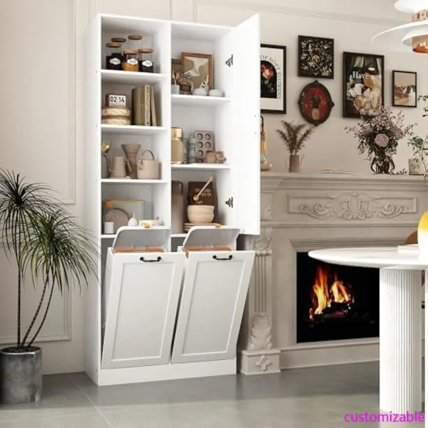 Mueble tipo cesto para la colada con 2 cajones y estantes abatibles grandes, mueble de almacenamiento independiente para baño con puerta