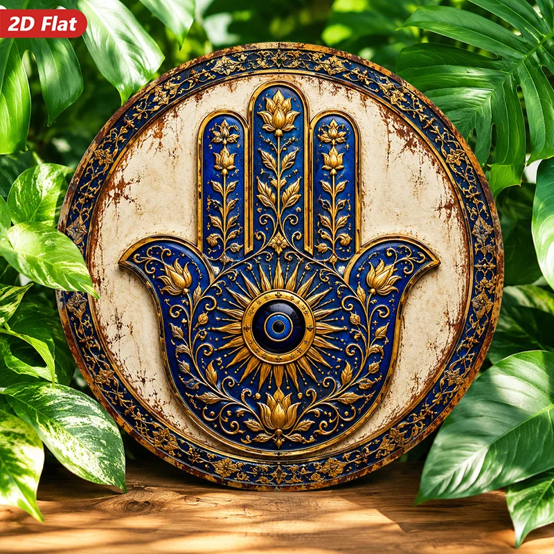 CIFBUY Vintage Blue Gold Hamsa Hand Floral Aluminum Wall Art Waterproof Wear Resistant Sign for Bedroom Kitchen Living Room Home