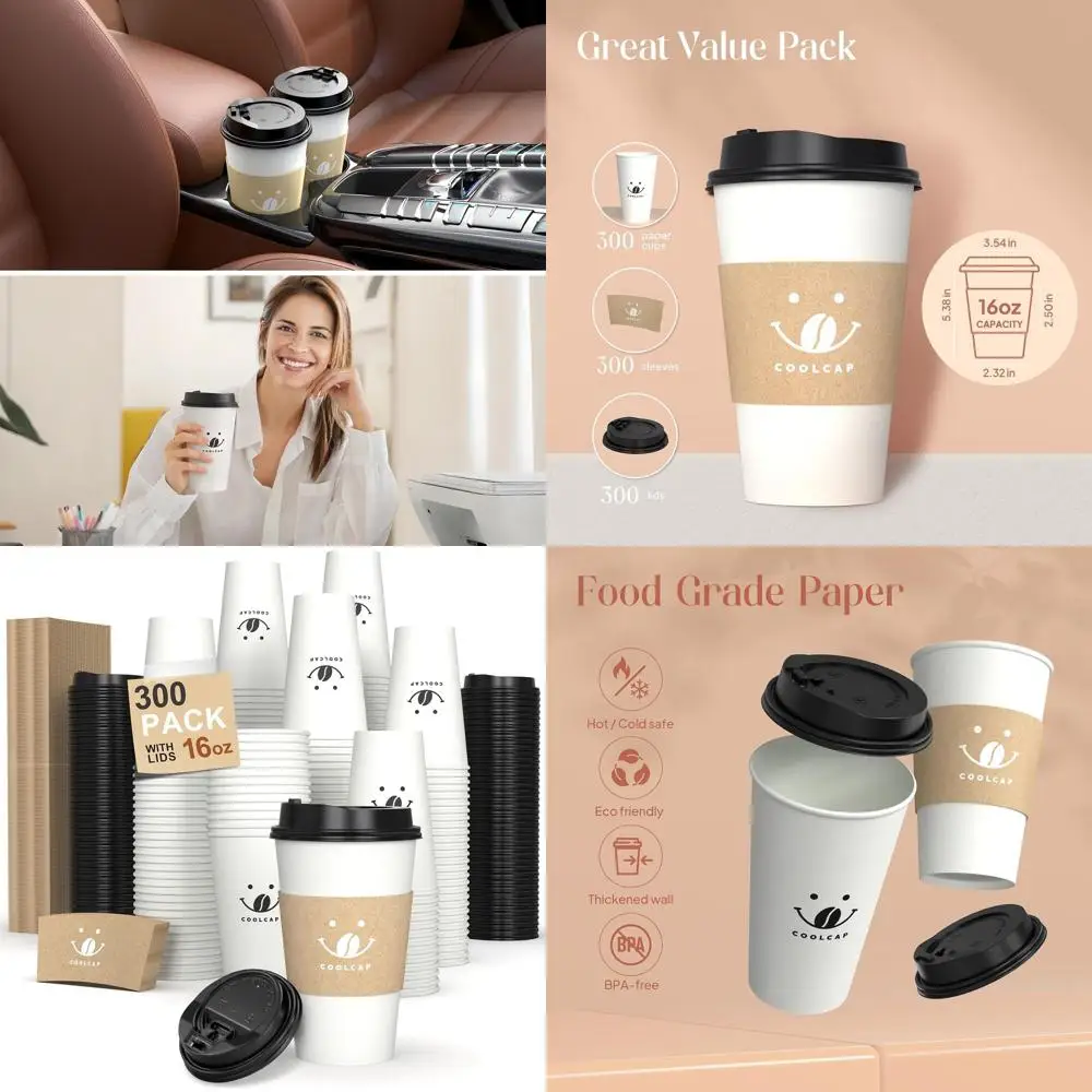 

16 oz Disposable Cups with Lids and Sleeves, 300 Pack Travel Mugs for Hot or Cold Drinks