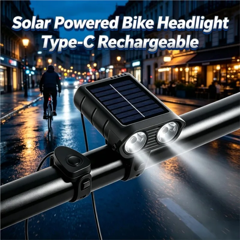 Solar Powered Bike Headlight Type-C Rechargeable Super Bright Bicycle Front Light Waterproof Long Battery Night Cycling Gear