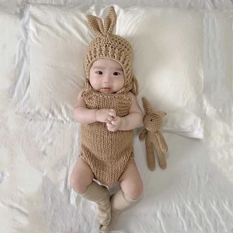 Baby Photo Props Crochet Bunny Costume Set knitting Rabbit Jumpsuit Rabbit Ear Hat Rabbit Doll Newborn Photography Clothes Acces