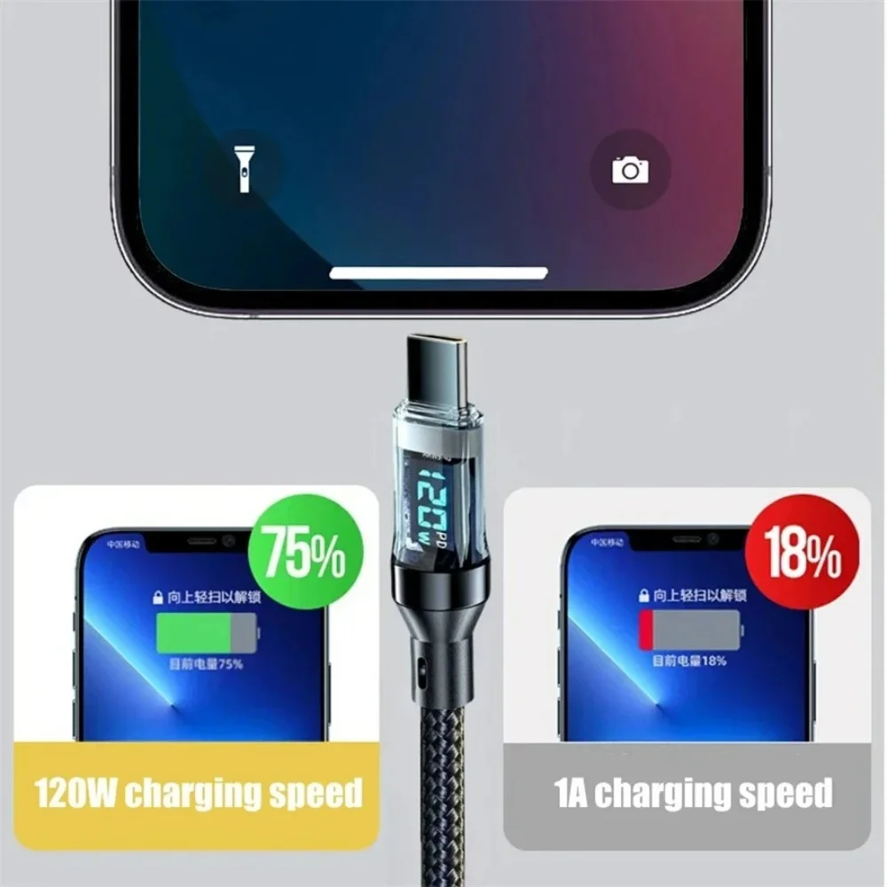 120W Type C to Type C Cable Phone Super Fast Charging Cable With LED Display USB To Type-C Data Cord For Xiaomi Samsung Huawei