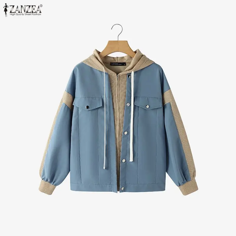 ZANZEA Autumn Winter Hoodies Sweatshirts Women Fashion Long Sleeve Color Patchwork Hooded Casual Zipper Loose Coats Cardigans