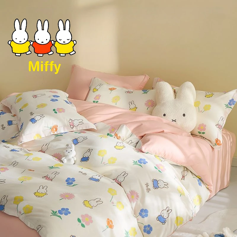 Kawaii Miffy Four-Piece Set Cute Cartoon Miffy Pillowcases Sheets for Student Dormitory Pure Cotton Bed Set with Three Pieces