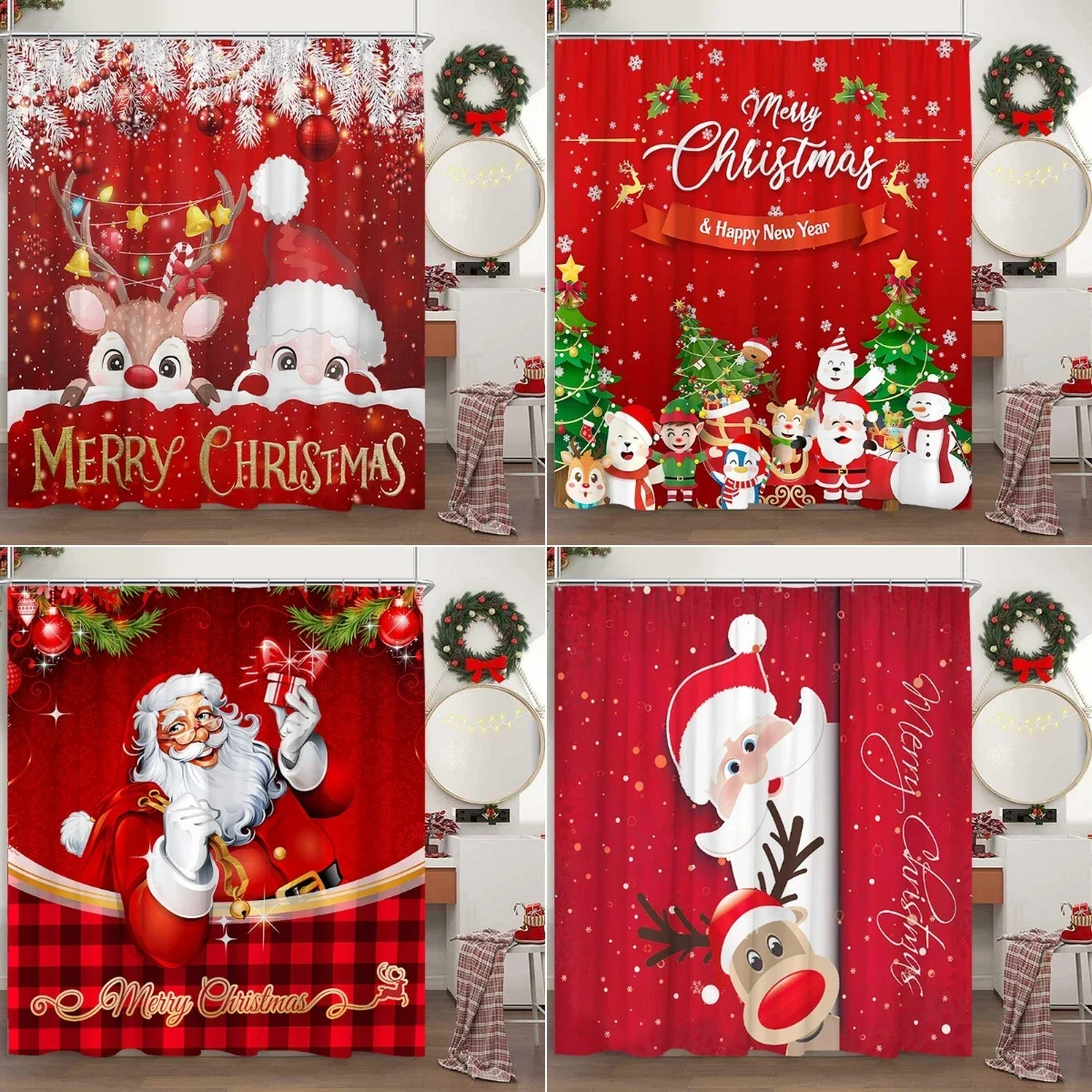

Christmas Shower Curtain Santa Claus Snowman Snowflake Elk Pine Leaf Winter Cartoon Home Polyester Fabric Bathroom Decor Curtain