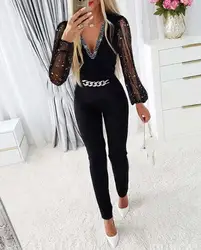 Elegant Party Jumpsuit for Women 2022 Autumn Fashion Chain Decor Contrast Mesh Plain Long Sleeve V-Neck Long Work Jumpsuit