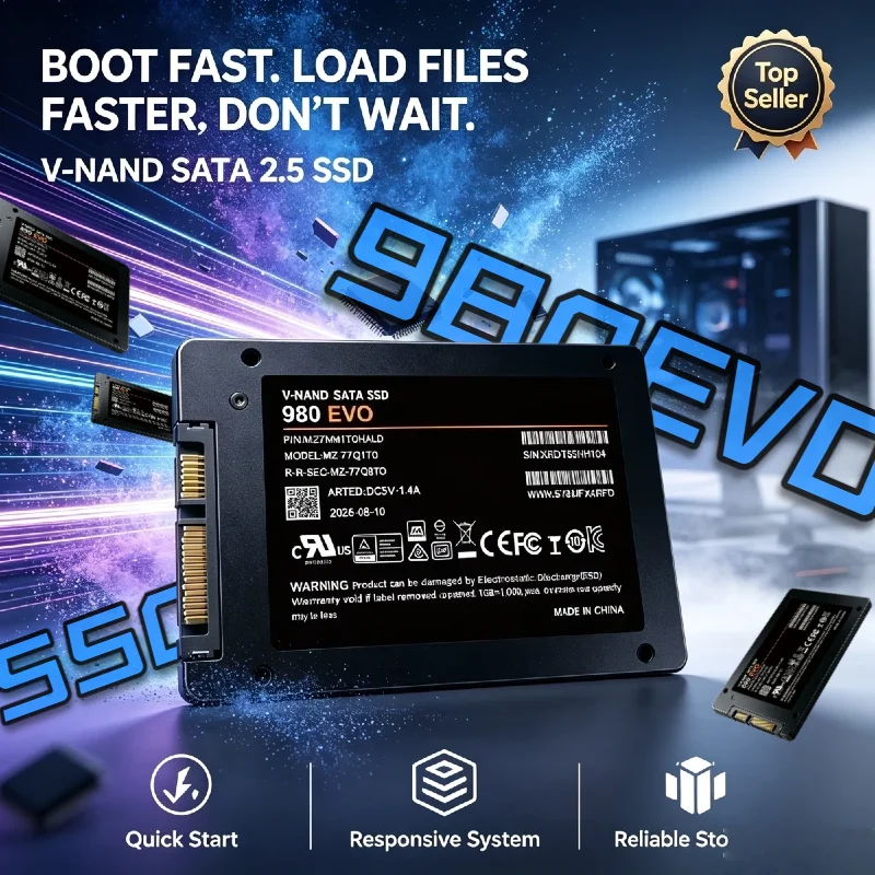 980 EVO Internal Solid State Drive, SSD Hard Disk, SATA III, 2.5-Inch, Fast Read Write, Laptop, Microcomputer, Desktop PC.