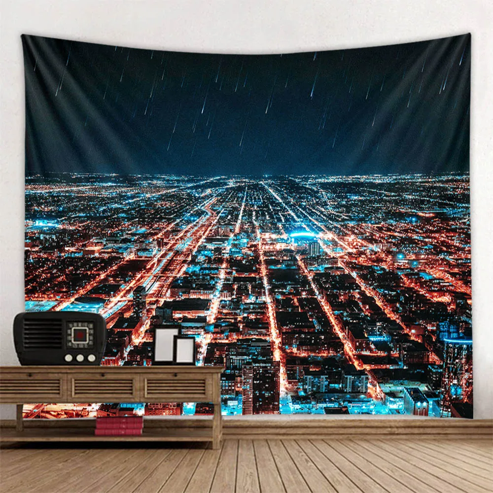 

Night city landscape tapestry, hippie wall hanging, dreamy home wall decoration, bedroom room party decoration, background cloth