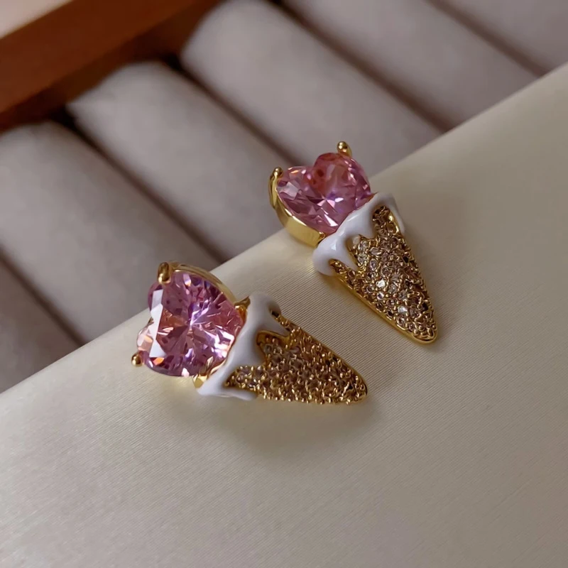 Creative fun pink love cone ice cream earrings sweet cute delicate ear accessory for women