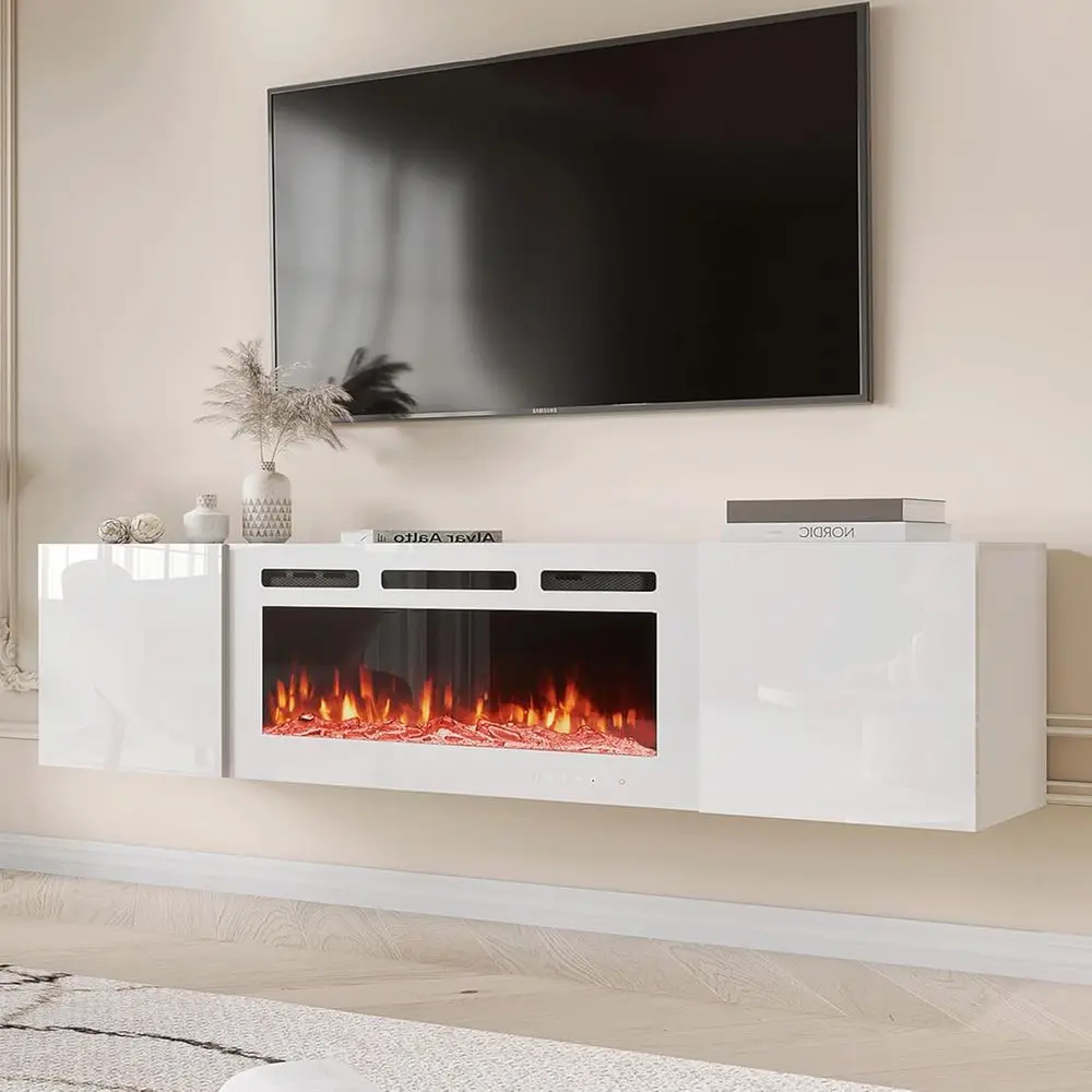 

70 Wall-Mounted Floating TV Stand, 36 Electric Fireplace, High Gloss Entertainment Center, Storage, 12 Color Heater, Supports TV