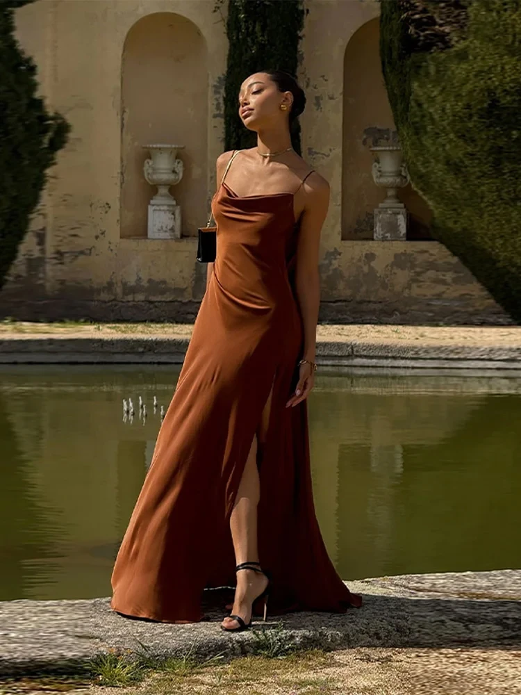 Elegante cetim longo estilingue vestido feminino sem costas sem mangas alta fenda vestidos de festa feminino verão senhora moda roupões de noite