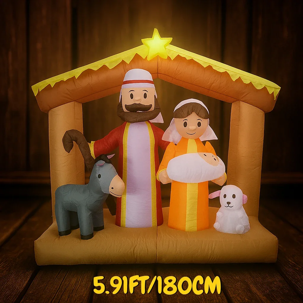 5.91FT لعبة قابلة للنفخ الأسرة المقدسة عيد الميلاد حمار الضأن هدايا احتفالية زينة عيد الميلاد لساحة المورد حلية تزيين المنزل