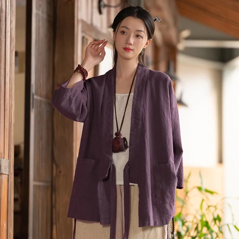 

Women Vintage Bandage Wrap Coat V-Neck Seven Sleeve Spring Jackets Linen Solid Color Women Clothes 2025 New Coats