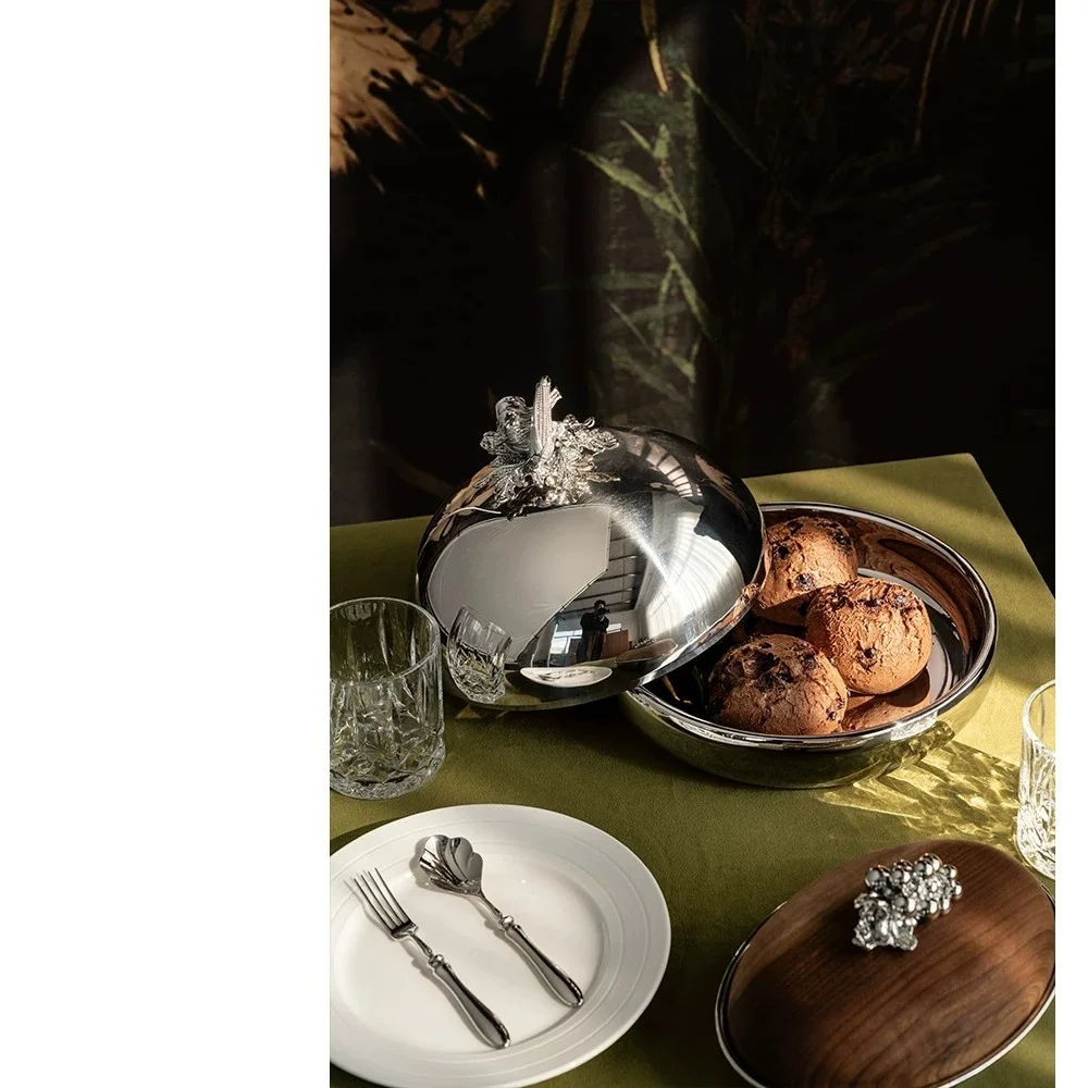 European Light Luxury Stainless Steel Round Fruit Tray with Lid, Creative Snack & Nut Storage Plate, Home Decorative Ornament