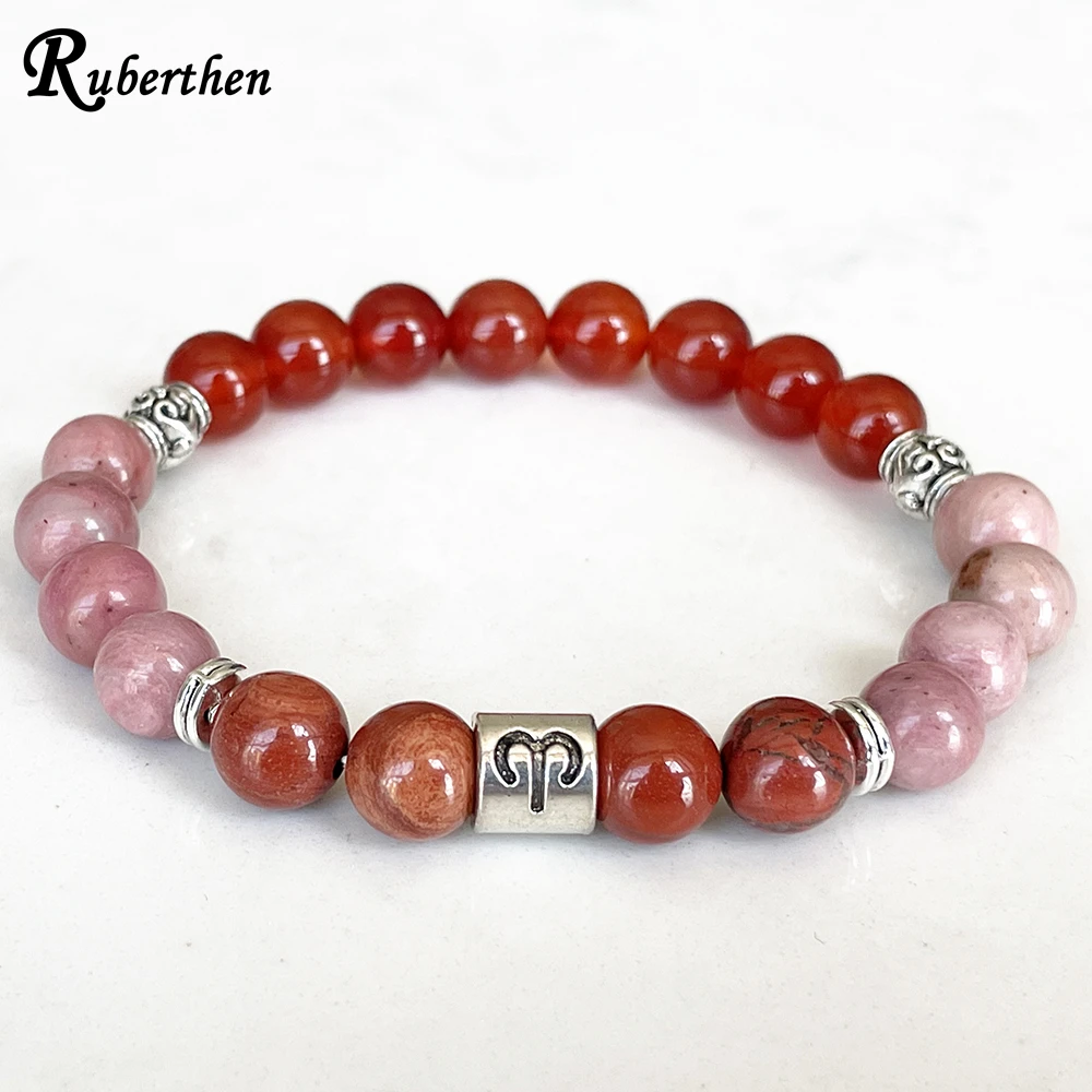 Ruberthen Aries Zodiac Bracelet For Women 8 MM AAA Grade Carnelian Red Jasper Rhodonite Wrist Mala Natural Gemstone Jewelry