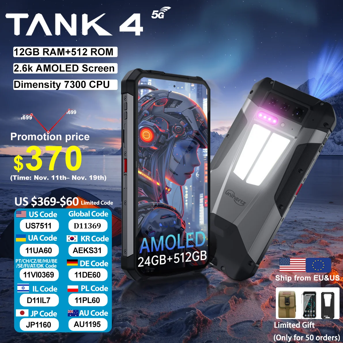 World premiere】Unihertz by 8849 Tank 4 Smartphone Built-in 720P Projector 5G Phone 24+512GB 11600mAh Dimensity 7300 AMOLED 120H