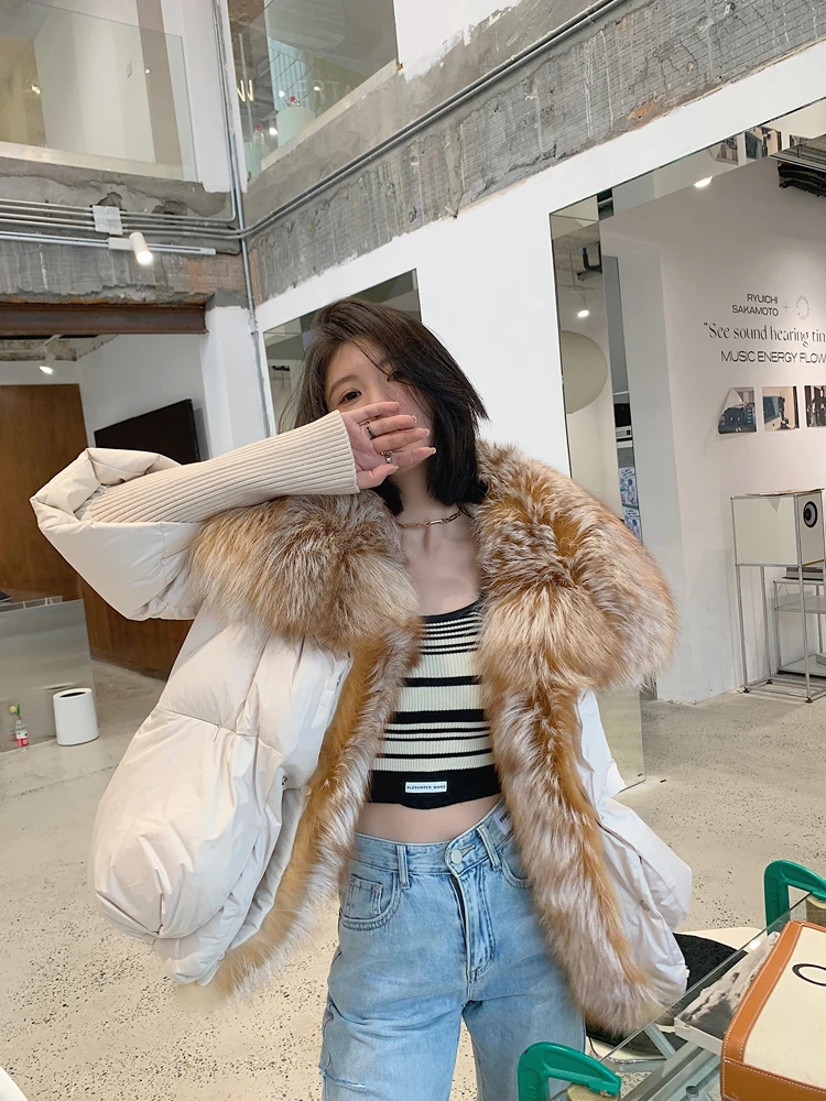 2026 New Autumn 90 Winter Goose Down Jacket Warm Women Coat Oversized Real Fox Fur Collar Thick Luxury Fashion Outerwear