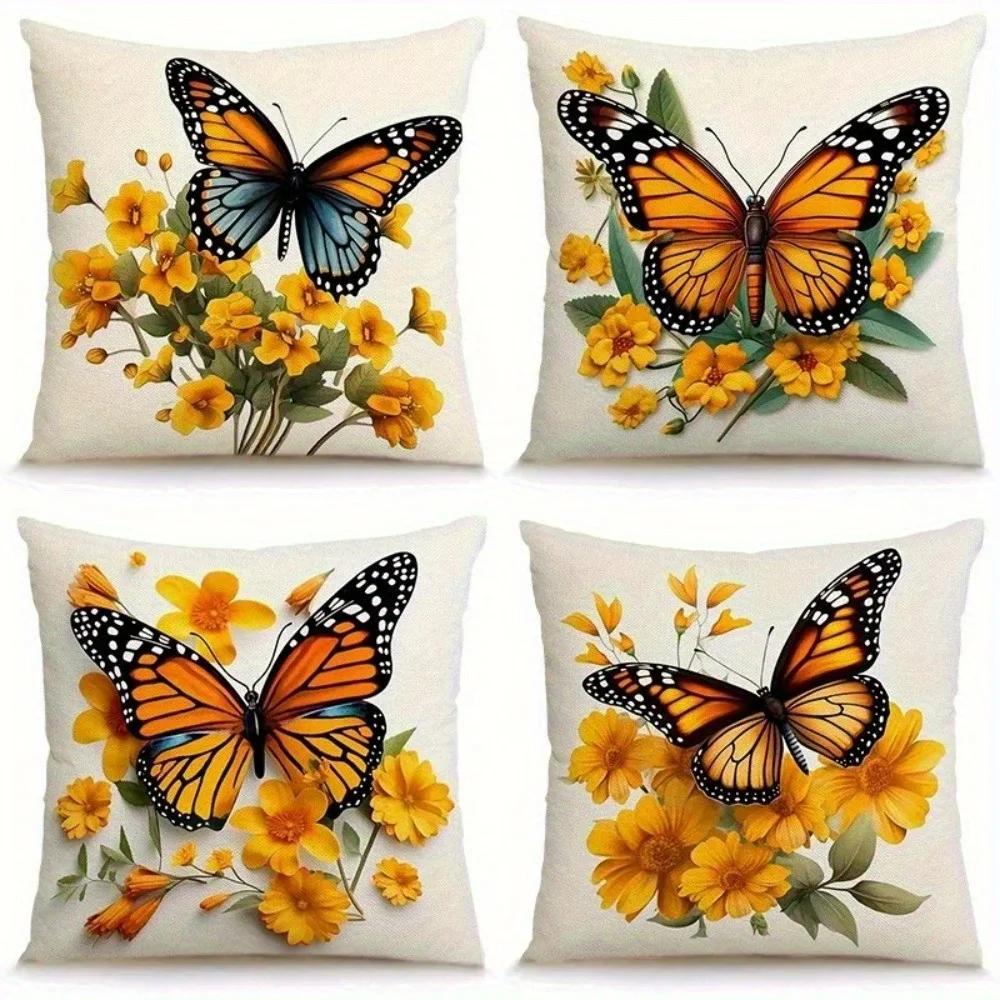 4pcs Yellow Flower Painting Single-sided printing Short plush Suitable for living rooms bedrooms sofas (excluding pillow cores)