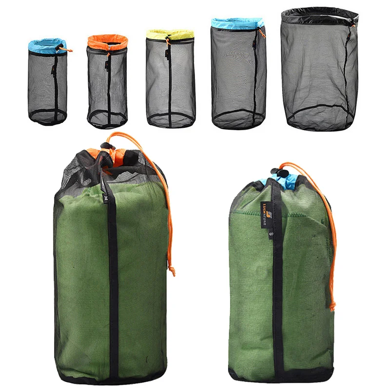 5 Size Travel Mesh Storage Bag Outdoor Drawstring Ultralight Mesh Stuff Sack Camping Traveling Organizer Hiking Tool Accessories