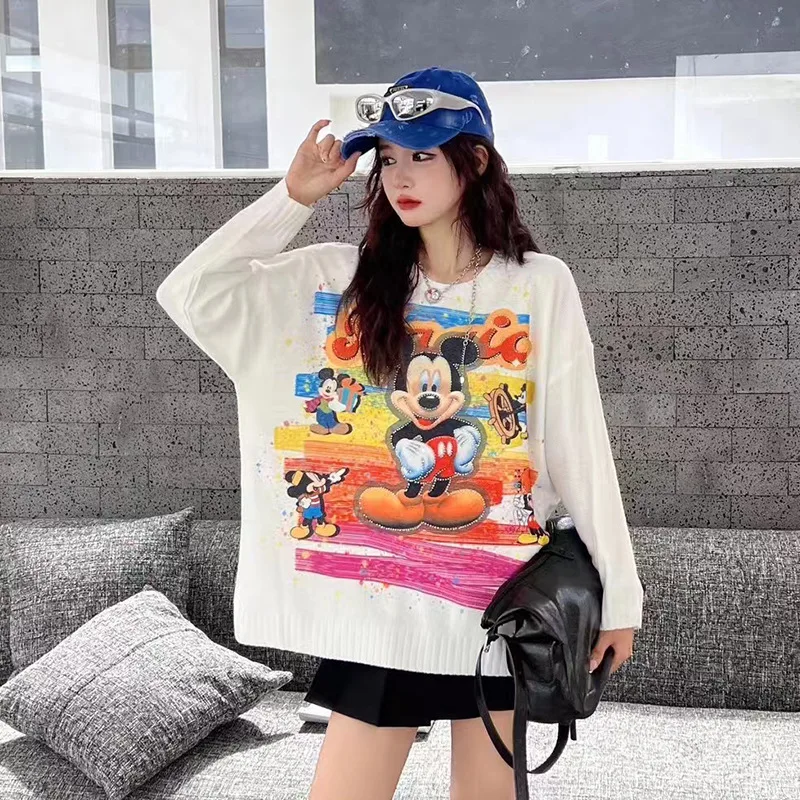 

Сверхпрочный свитер больших размеров со стразами и принтом Микки, женский осенний свободный вязаный базовый топ с напуском и круглым вырезом, длинными рукавами