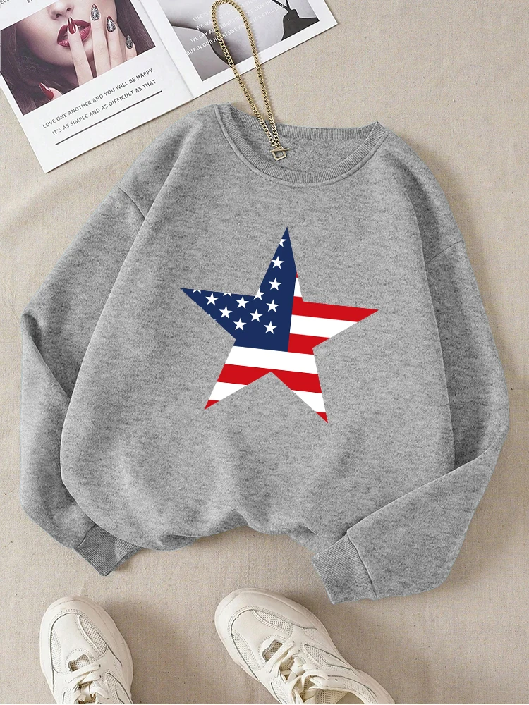 

Five Pointed Star Pattern Print Sweatshirt Women Comfortable Round Neck Hoodies Autumn Fleece Warm Hoodie Fashion Casual Tops