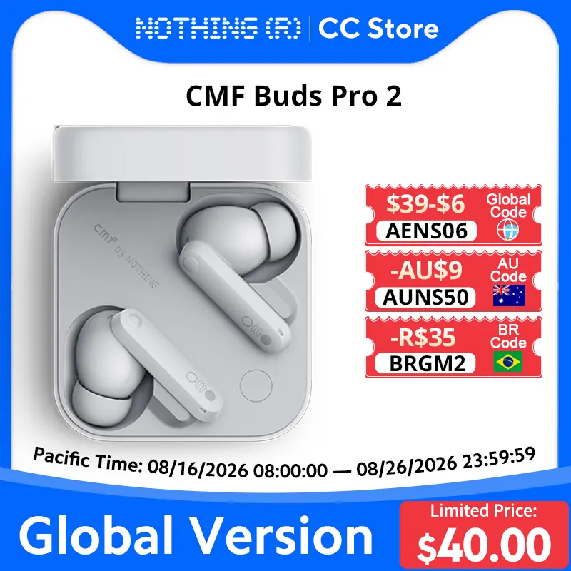 سماعات CMF By Nothing Buds Pro 2 إصدار عالمي، 6 ميكروفونات HD، إلغاء ضوضاء هجين 50 dB، بلوتوث 5.3، IP55