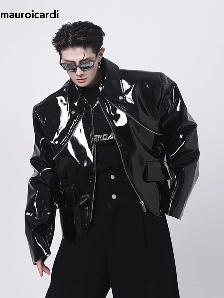 Mauroicardi Spring Autumn Cool Loose Short Black Shiny Reflective Patent Faux Leather Jacket Men Zipper Luxury Designer Clothes