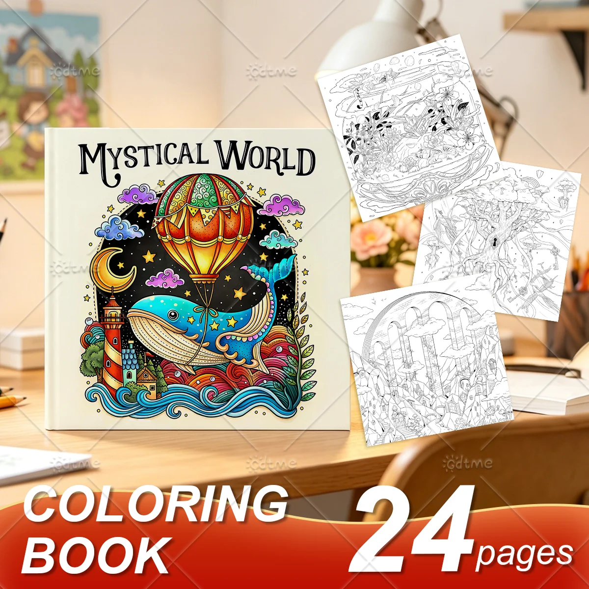 Mystical World Coloring Book, Magical Ocean Whale Starry Sky Scene, Relaxing Anxiety Relief Colouring Book for Adult Art Lovers