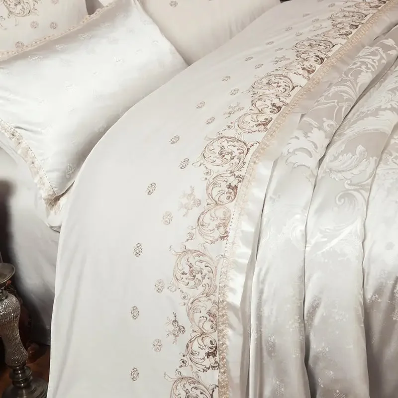 White Jacquard Embroidered Bedding Sets Luxury Satin Cotton Duvet Cover Bed Sheet Pillowcases King Queen Size Bedclothes Set