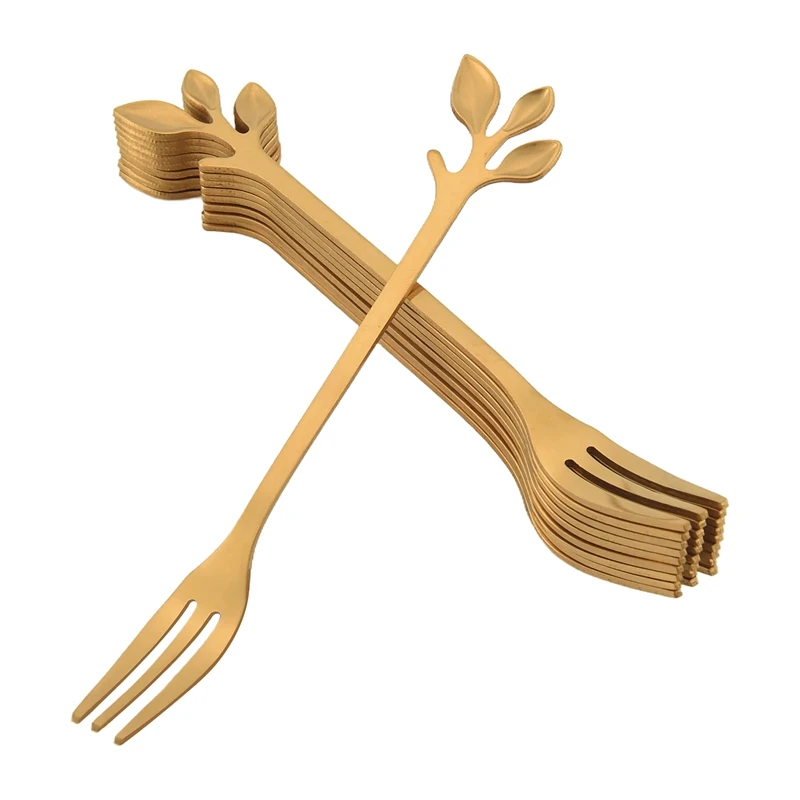 Dessert Forks 10 Pcs Stainless Steel Leaf Cake Fruit Forks Set Tasting Dessert Forks Kitchen Accessory Wedding Golden