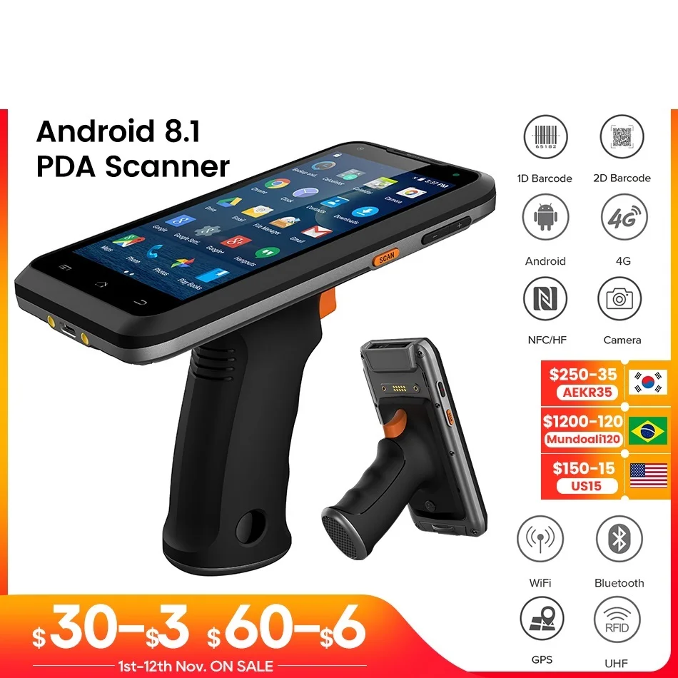 Top! Handle PDA Android 8.1 Barcode Scanner 1D Laser 2D QR Code Reader Portable Data Collector Device with Handle Grip NFC LF