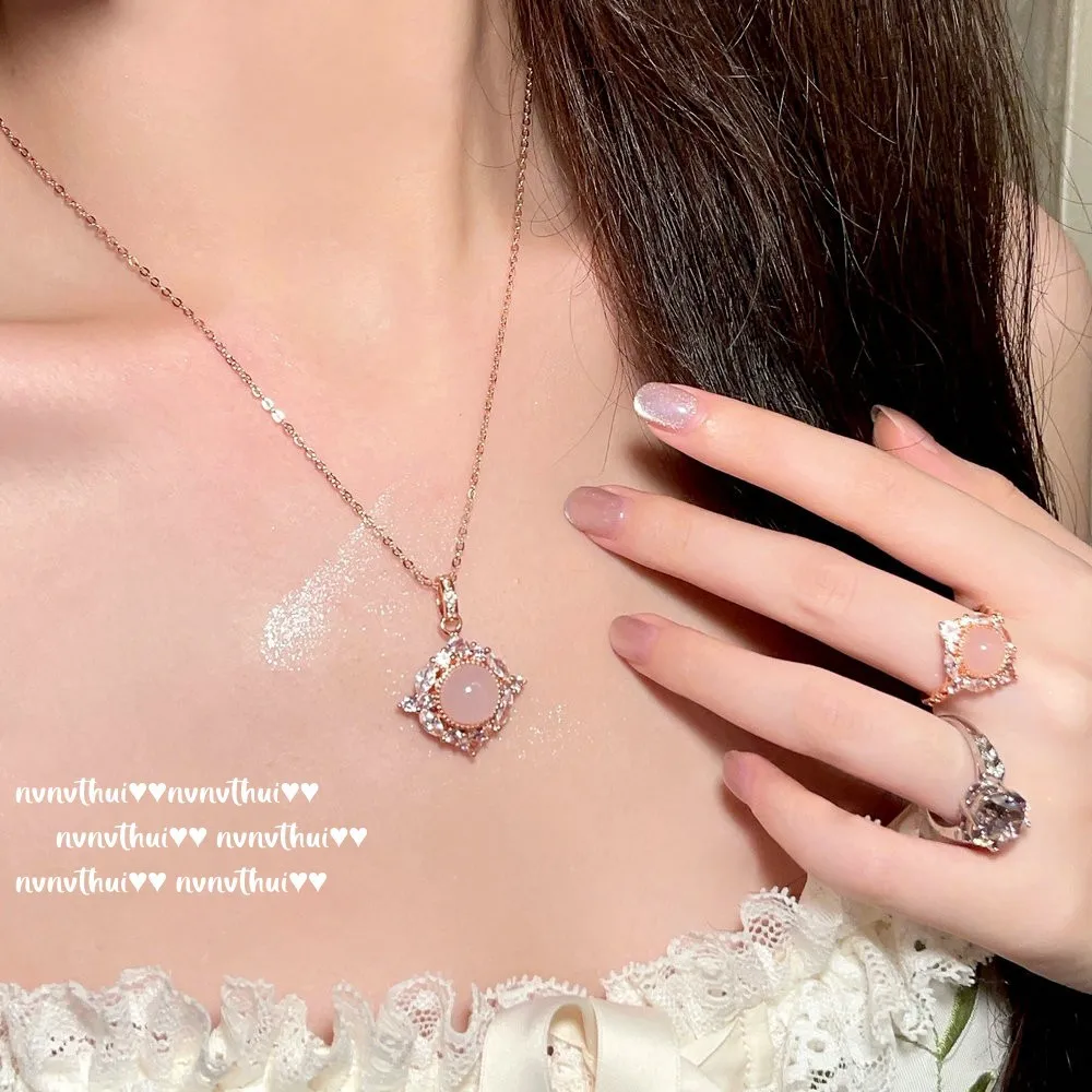 

Madagascar Pink Chalcedony Sunflower Necklace Pink Quartz Flower Zircon Ring Dried Rose Jewelry Set Women