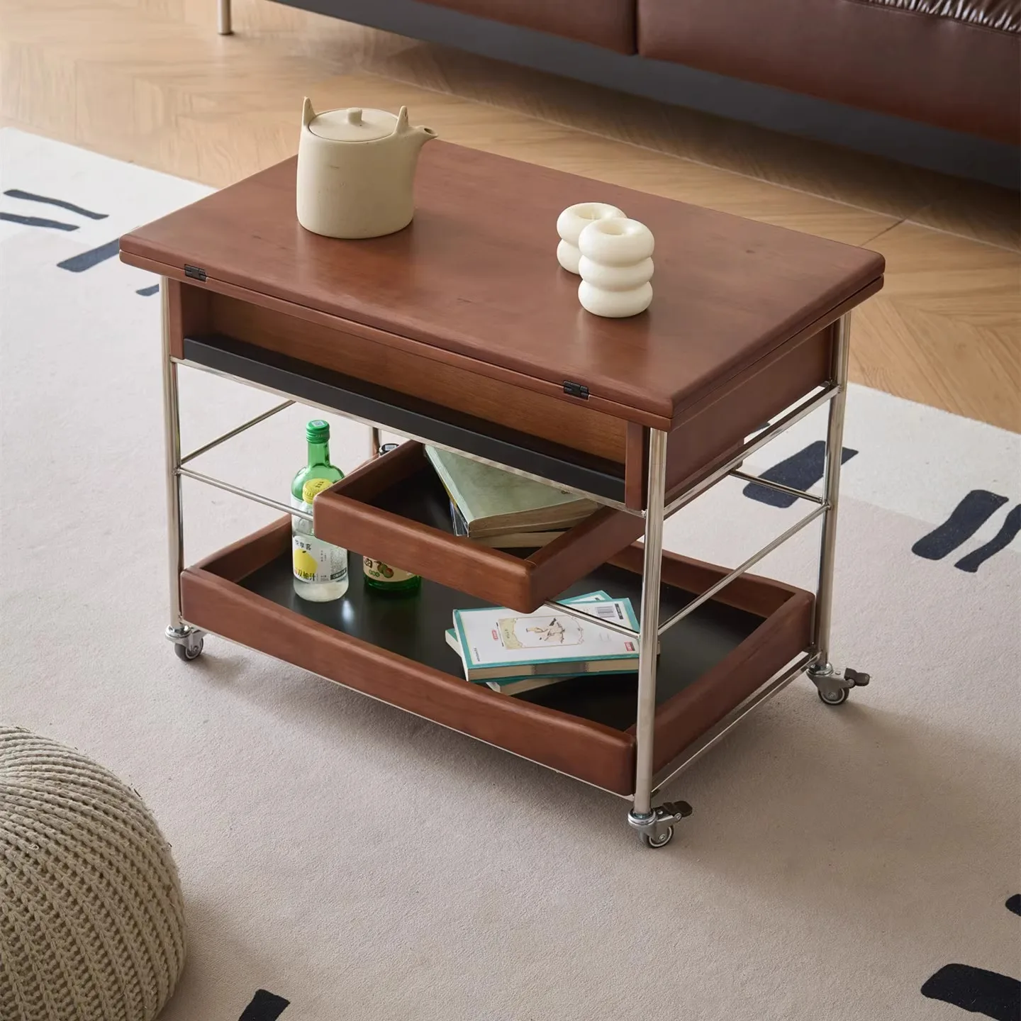 

French medieval style solid wood coffee table household living room trolley