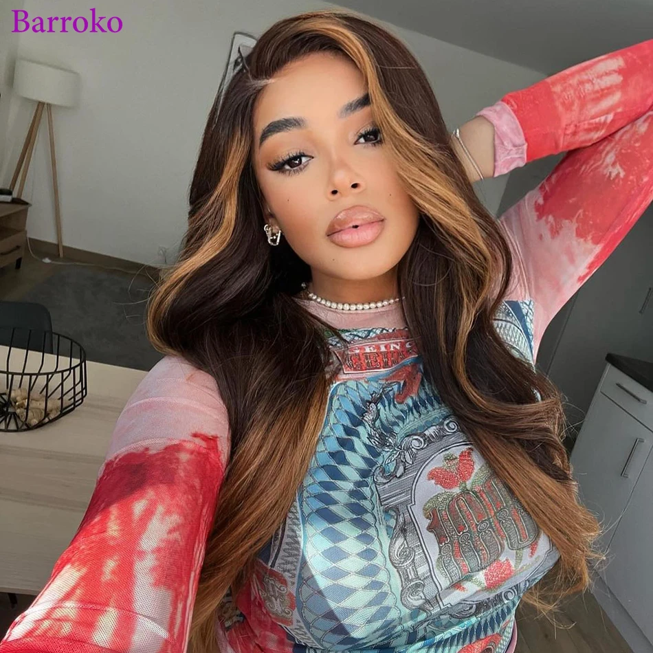 Barroko Body Wave Highlight Wig 1B/27 Colored Transparent Lace Frontal Wigs Human Hair 34 Inch Pre Plucked 180% Brazilian Hair