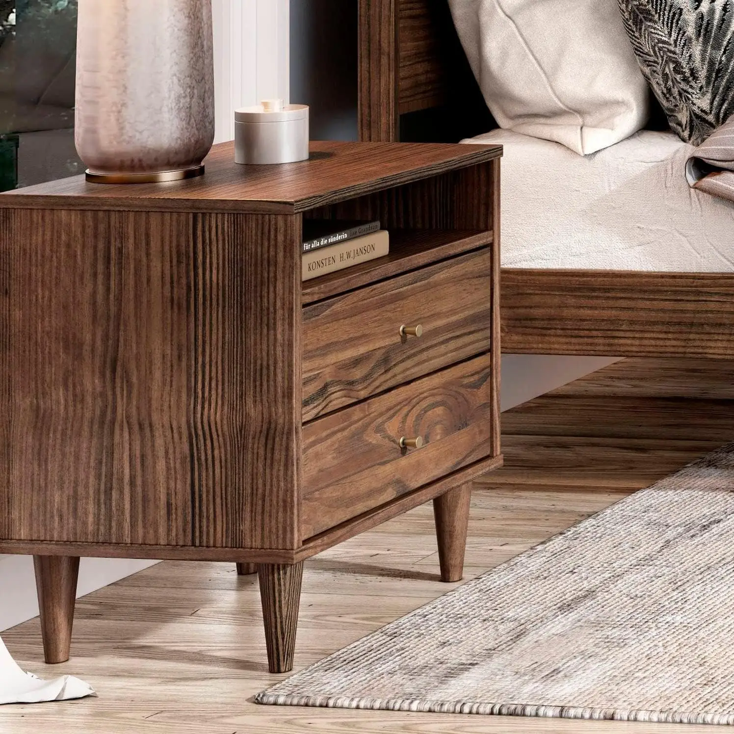 Elegant Mid Century Nightstand 2-Drawer Design Handcrafted Solid Wood Walnut Finish Grain Wood Furniture