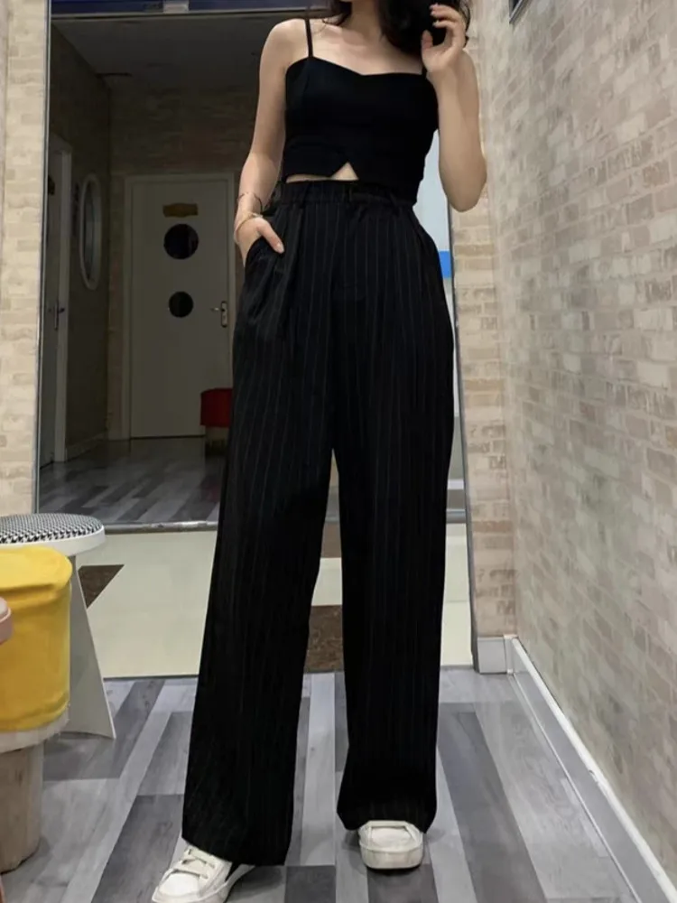 Y2K Vintage Black White Striped High Waist Wide Leg Pants Women Ruched Front Long Loose Korean Trousers Full Length Bottom