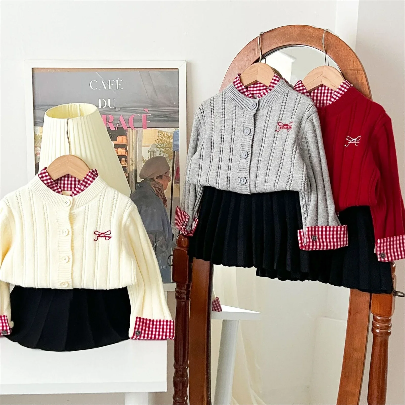 Girls Suit 2026 Spring And Autumn New Childrens Clothes Girls Baby Round Collar Splicing Plaid Cardigan Pleated Skirt Two Sets