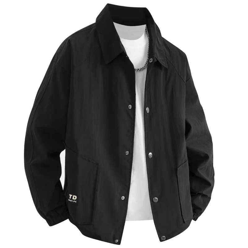 

Autumn Men Jacket Fashion Thin Letter Printed Pocket Single-breasted Male Outerwear Turn Down Collar Long Sleeve Young Man Coat