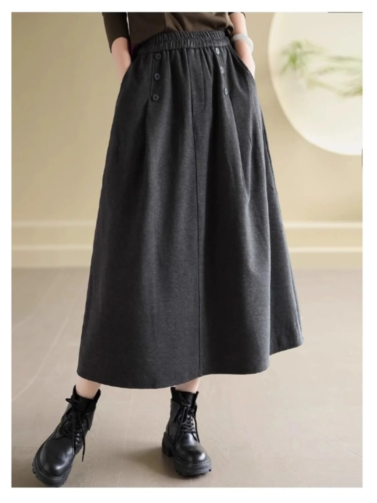 الرجعية الصوفية ألف خط ميدي تنورة المرأة الخريف الشتاء حجم كبير إخفاء الورك التخسيس عادية واسعة هيم تنورة عالية الخصر #3
