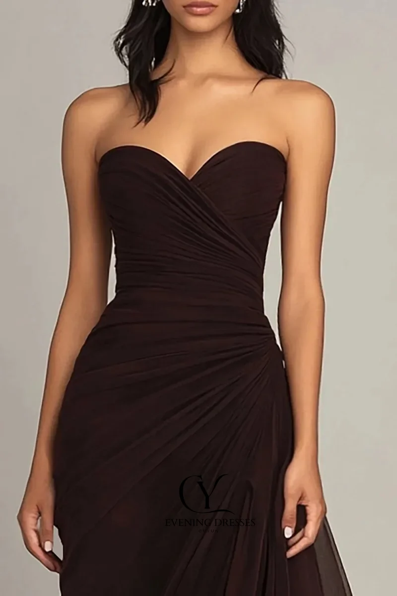 CUYUN Pleated Strapless Evening Dresses Brown Long Prom Dresses Formal Sexy Off-shoulder Vestidos De Fiesta Customized image 2