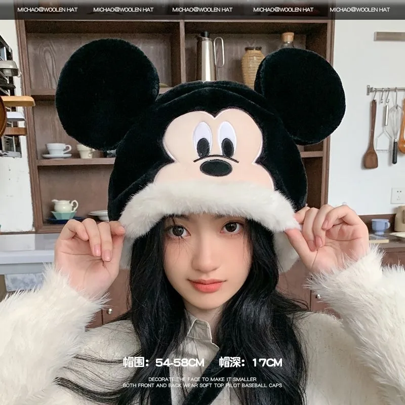 Disney Mickey Mouse Minnie Cartoon Hat Cosplay Costume Winter Warm Cute Creative Ear Protection Plush Hat Christmas Gift