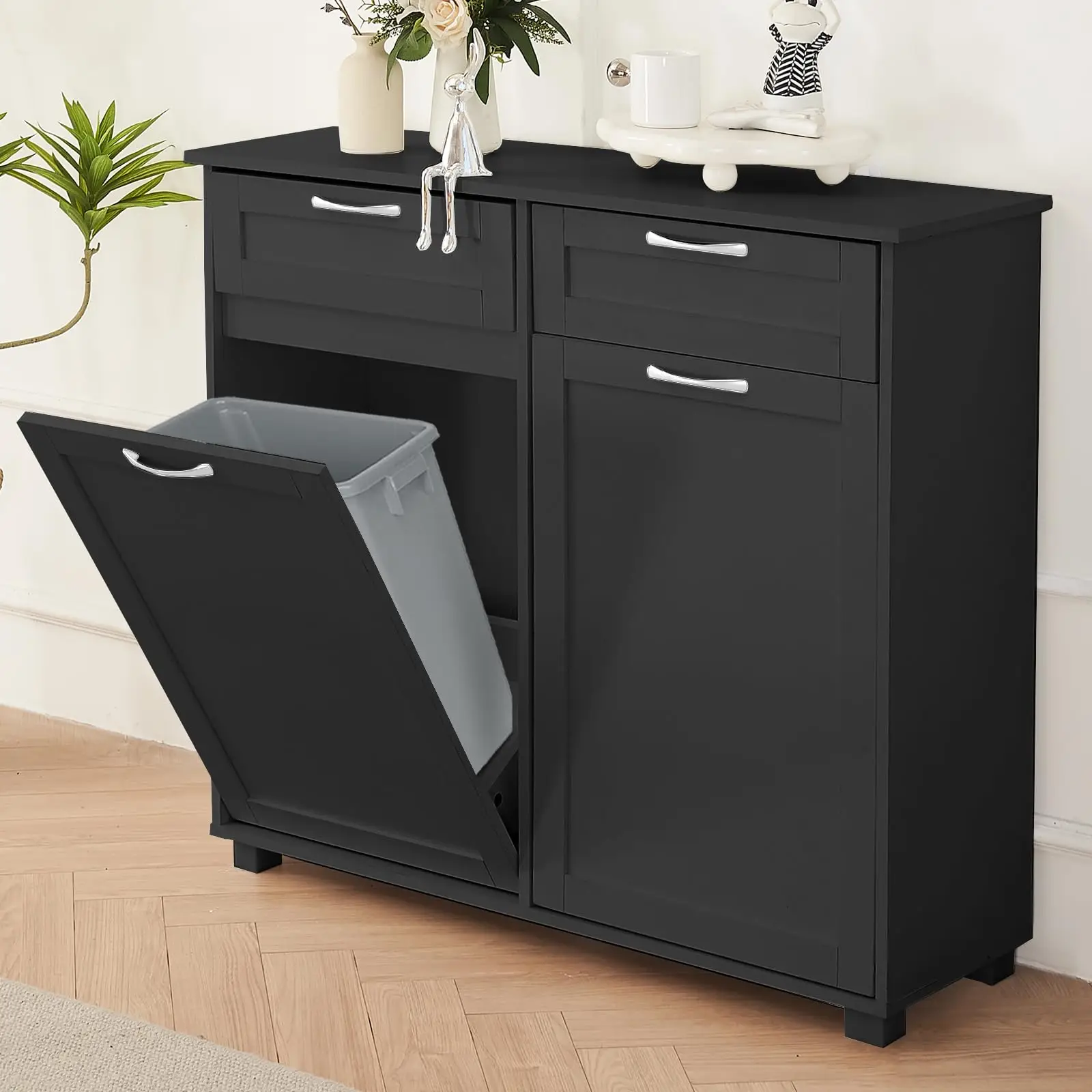 Double Tilt Out Trash Cabinet Wooden Free Standing Trash Cabinet Recycling Cabinet with 2 Hideaway Drawer Kitchen Trash Cabinet