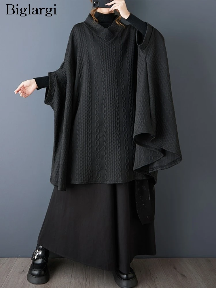 

Осенний черный плащ большого размера, женское модное повседневное свободное пальто с длинными рукавами, женские топы с v-образным вырезом, модное женское платье-накидка