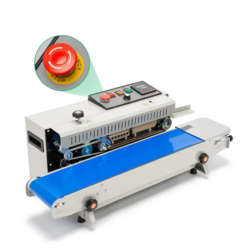 CE Certified Industrial Continuous Band Sealer with Safety Guard High-Speed Automatic Pouch Sealing Security Emergency Stop