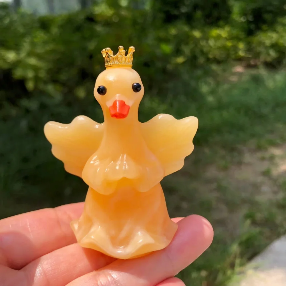 Natural Orange Calcite Crown Angel Duck Figurine Hand‑Carved Princess Statue Desktop Ornament Cute Home Craft Decoration Gift