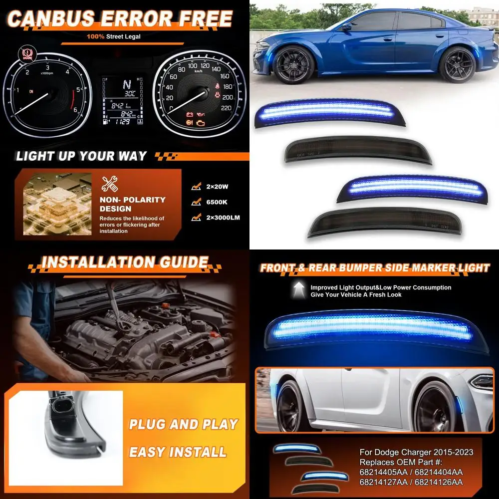 

Smoked Lens Sequential Side Marker Lights Kit for 2015-2023 Dodge Charger, Plug & Play, Blue LED Front & Rear Bumper Lights