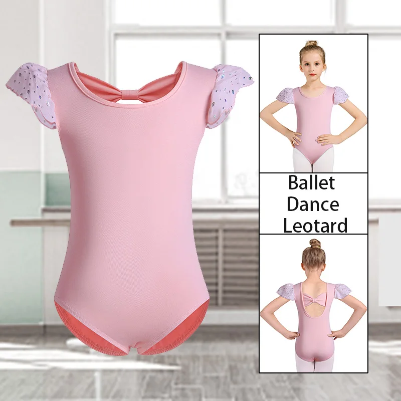 여자 어린이 기본 발레복, 반짝이는 러플 소매와 예쁜 뒷 리본이 있는 여자 체조 상의, 댄스 레오타드
