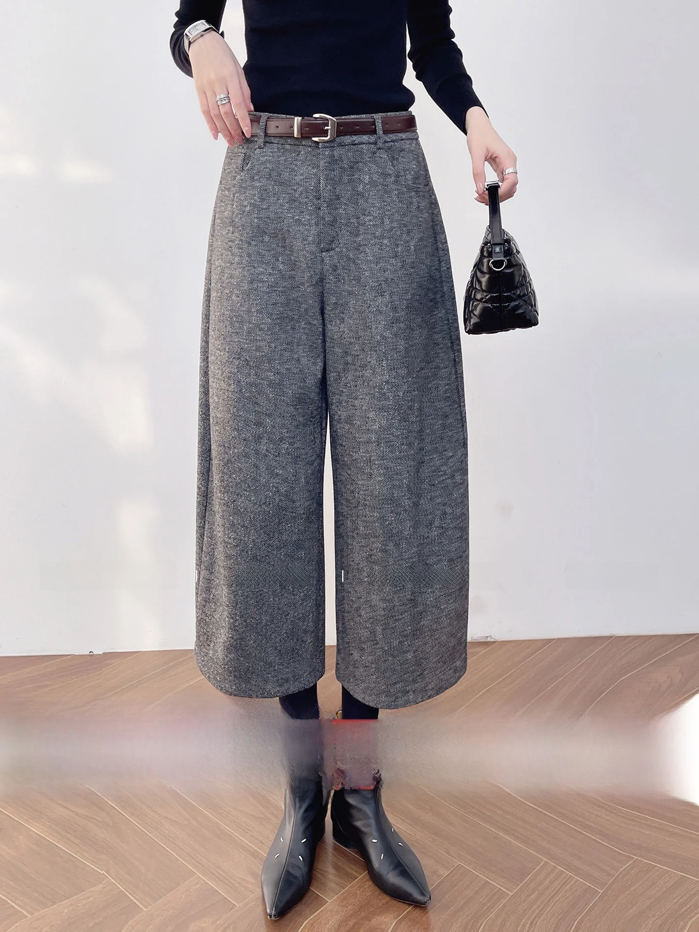 

Minimalist Commuter Woolen Suit Pants for Women High Waist Wide Leg Eighteen Length Belted 3D Tailored Korean Fashion