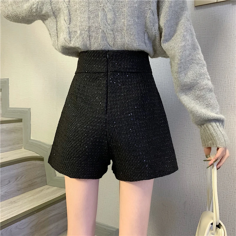 여성용 빈티지 더블 브레스트 캐주얼 반바지, 하이웨이스트 A라인 와이드 레그, 여성 하의, 골든 버튼, 우아한 오피스 레이디 섹시