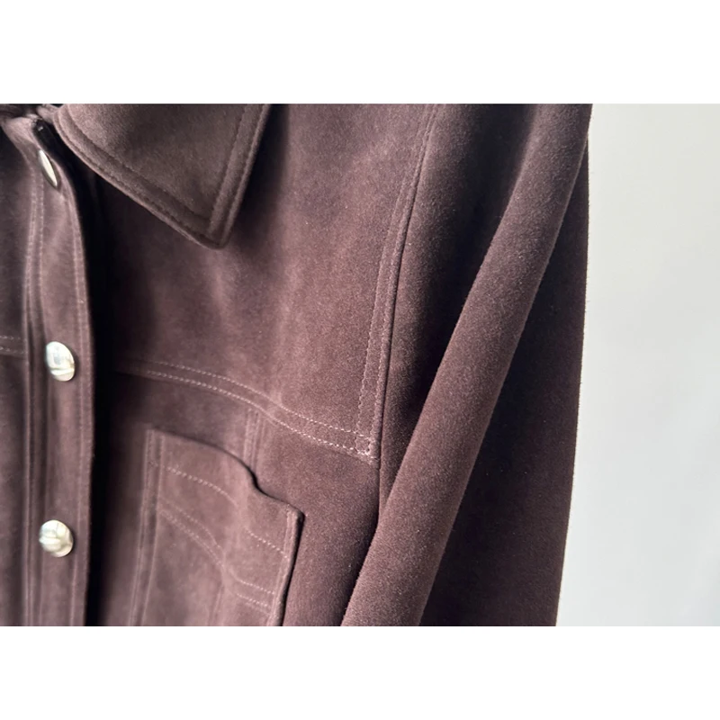 Vêtements rétro café violet pour femmes, en peau de chèvre, en daim importé, veste à simple boutonnage et jupe trapèze, vêtements en cuir véritable